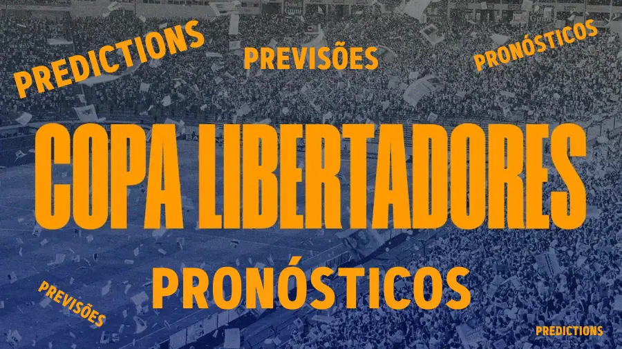 Imagem com previsões da Copa Libertadores e um estádio ao fundo