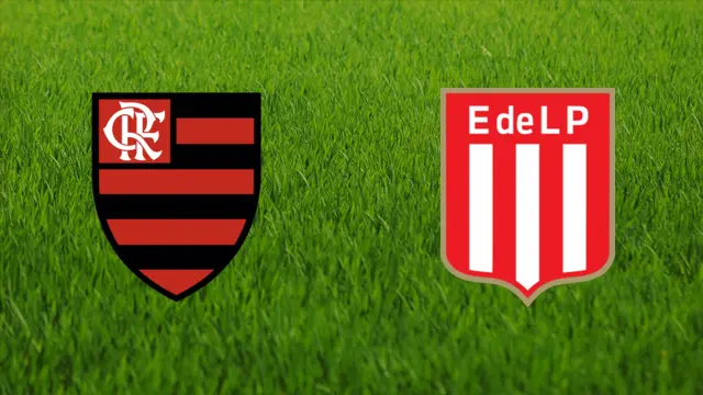 Imagem do Flamengo x Estudiantes com os logotipos dos times