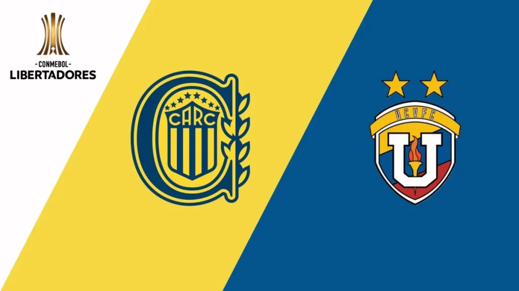 Imagem do jogo entre o Rosario Central e a Universidad Central com os logotipos dos times
